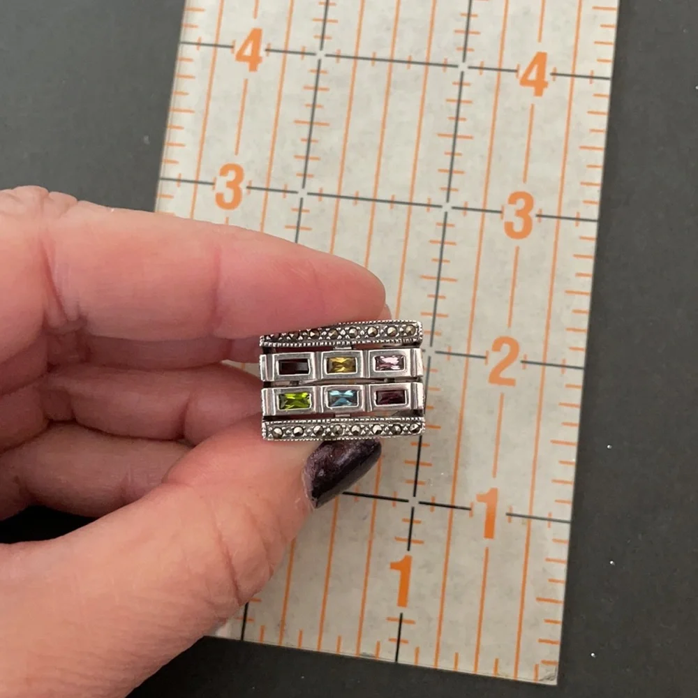 Vintage 925 Sterling Silver Marcasite Multi Gemstone Statement Ring